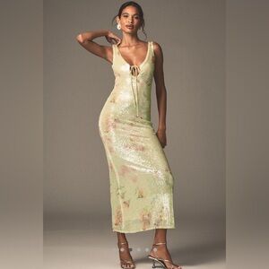 Bardot Eloda Sequin Scoop-Neck Midi Dress in Light Green and Pink